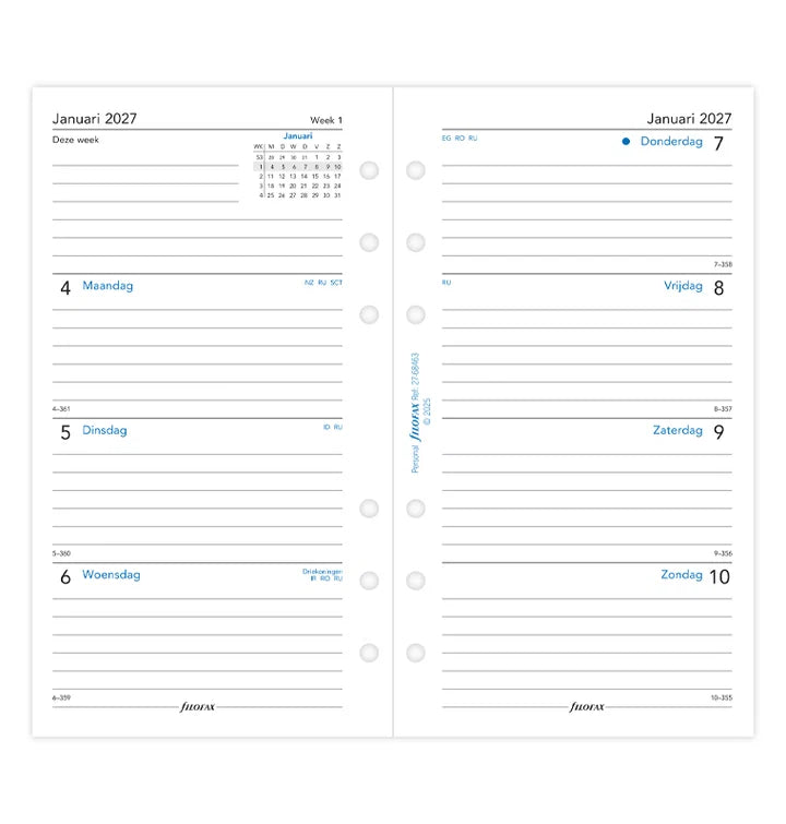 Filofax - Week op 2 Pagina's Agenda 2027 - Gelinieerd Wit - Personal Organiser Refill