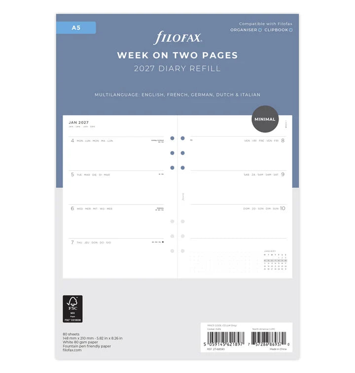 Filofax - Minimal Week on Two Pages 2026 Multilanguage - A5 Organiser Refill-Agenda-DutchMills