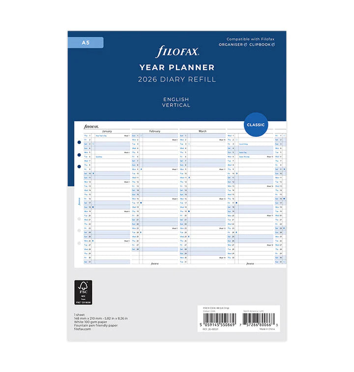Filofax - Vertical year Planner 2026 - English - A5 Organiser Refill-Agenda-DutchMills