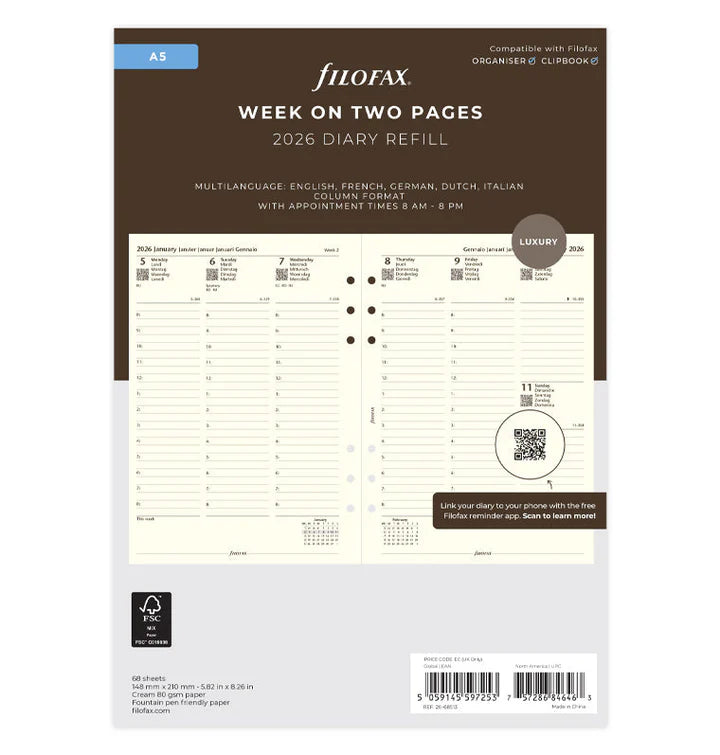 Filofax - Week On Two Pages Diary 2026 with Appointments - Cotton Cream - Multilanguage - A5 Organiser Refill-Agenda-DutchMills
