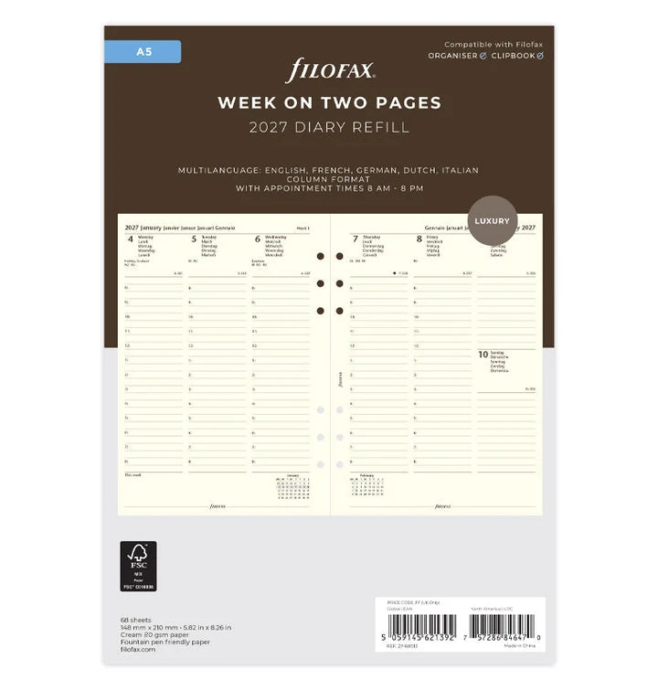 Filofax - Week On Two Pages Diary 2027 with Appointments - Cotton Cream - Multilanguage - A5 Organiser Refill-Agenda-DutchMills