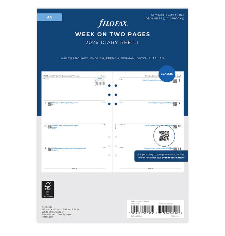 Filofax - Minimal Week on Two Pages 2026 Multilanguage - A5 Organiser Refill-Agenda-DutchMills