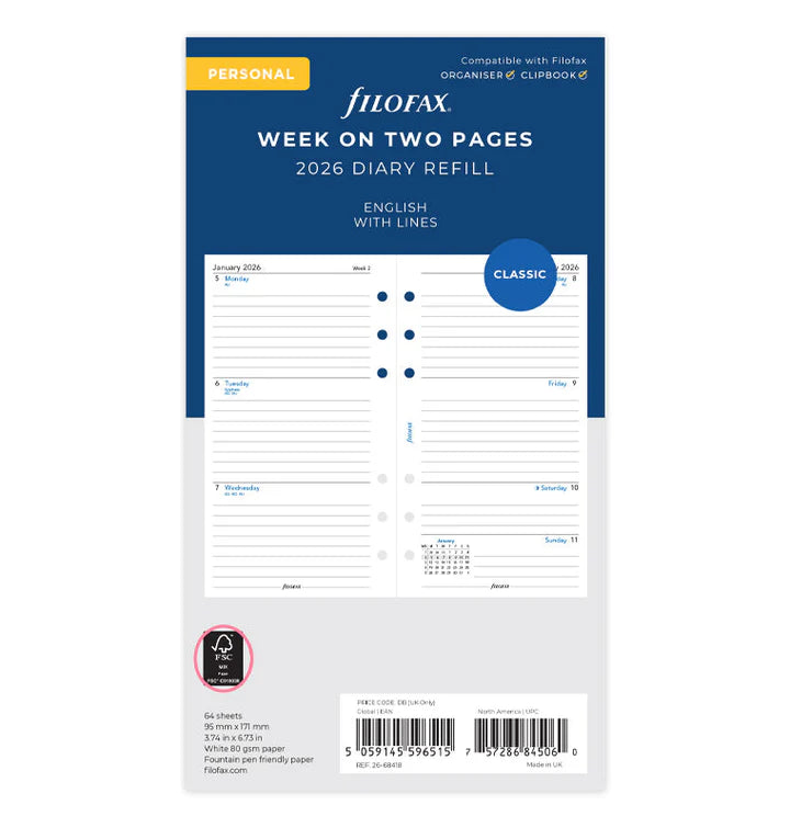 Filofax - Week on Two Pages Diary 2026 English with Lines - Personal Organiser Refill-Agenda-DutchMills