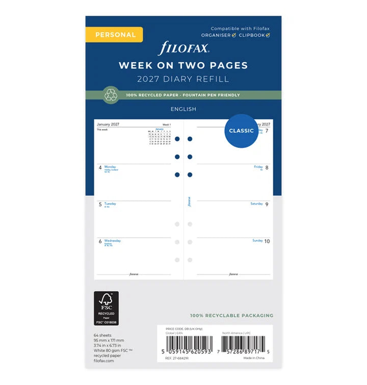Filofax - Week on Two Pages Diary 2027 English - Personal Organiser Refill - Gerecycled papier-Agenda-DutchMills