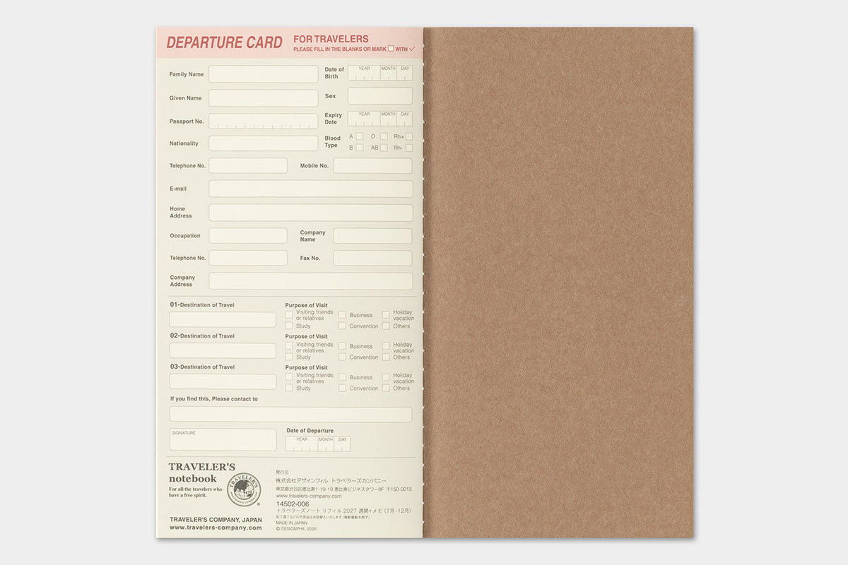 TRAVELER'S notebook - Diary 2027 Weekly + Memo Refill-Agenda-DutchMills