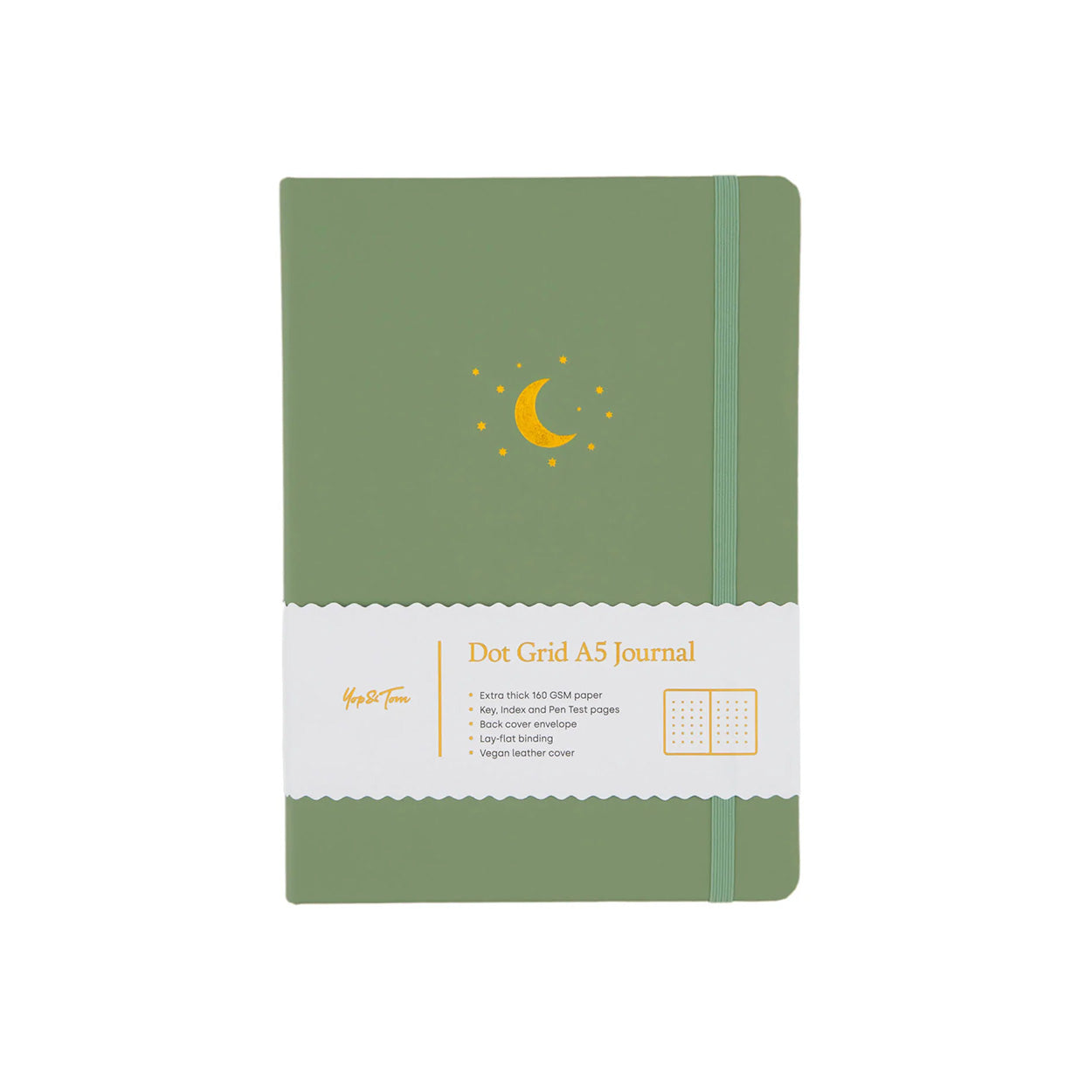 Yop & Tom - A5 Dot Grid Journal - Moon and Stars - Sage Green-Notitieboek-DutchMills
