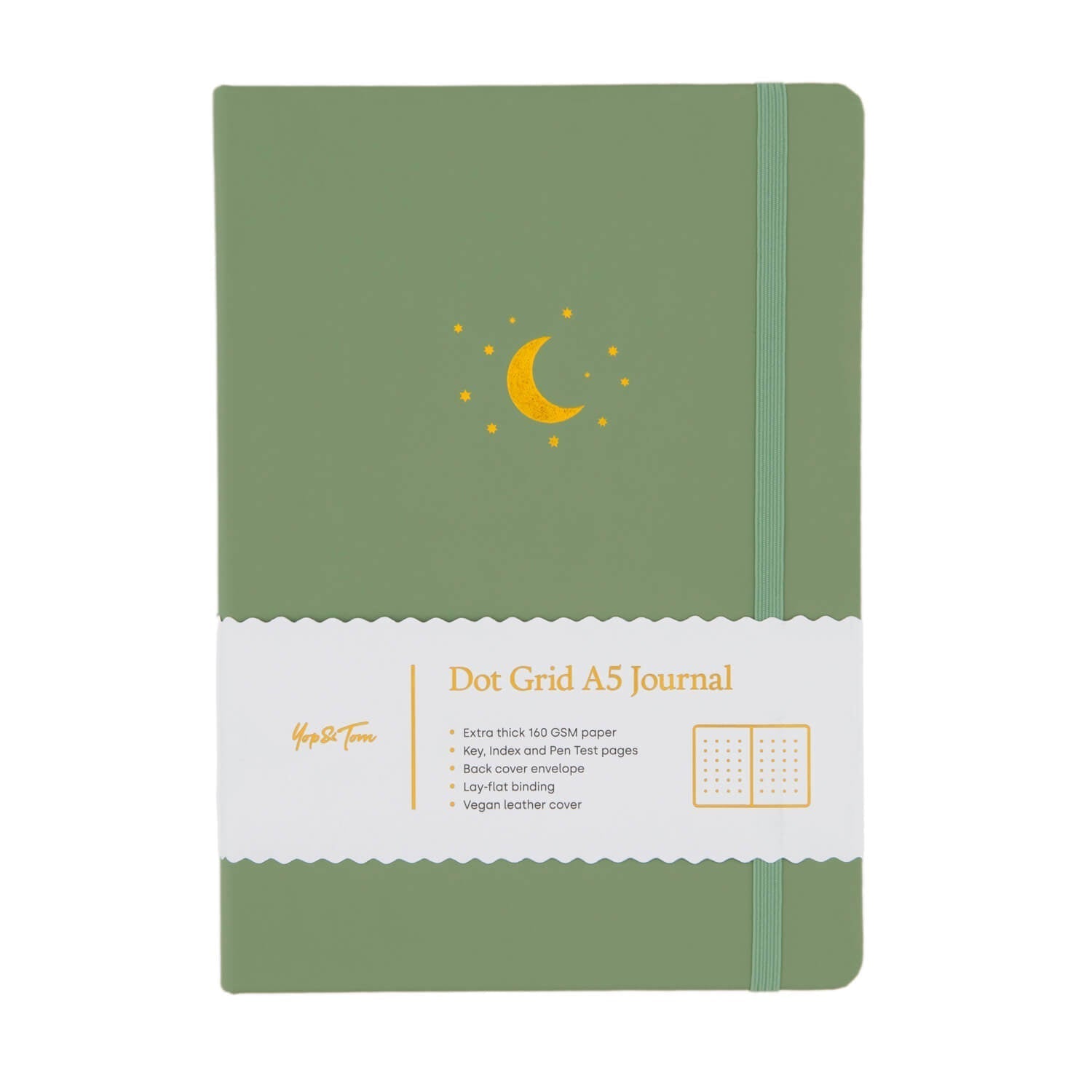 Yop & Tom - A5 Dot Grid Journal - Moon and Stars - Sage Green-Notitieboek-DutchMills