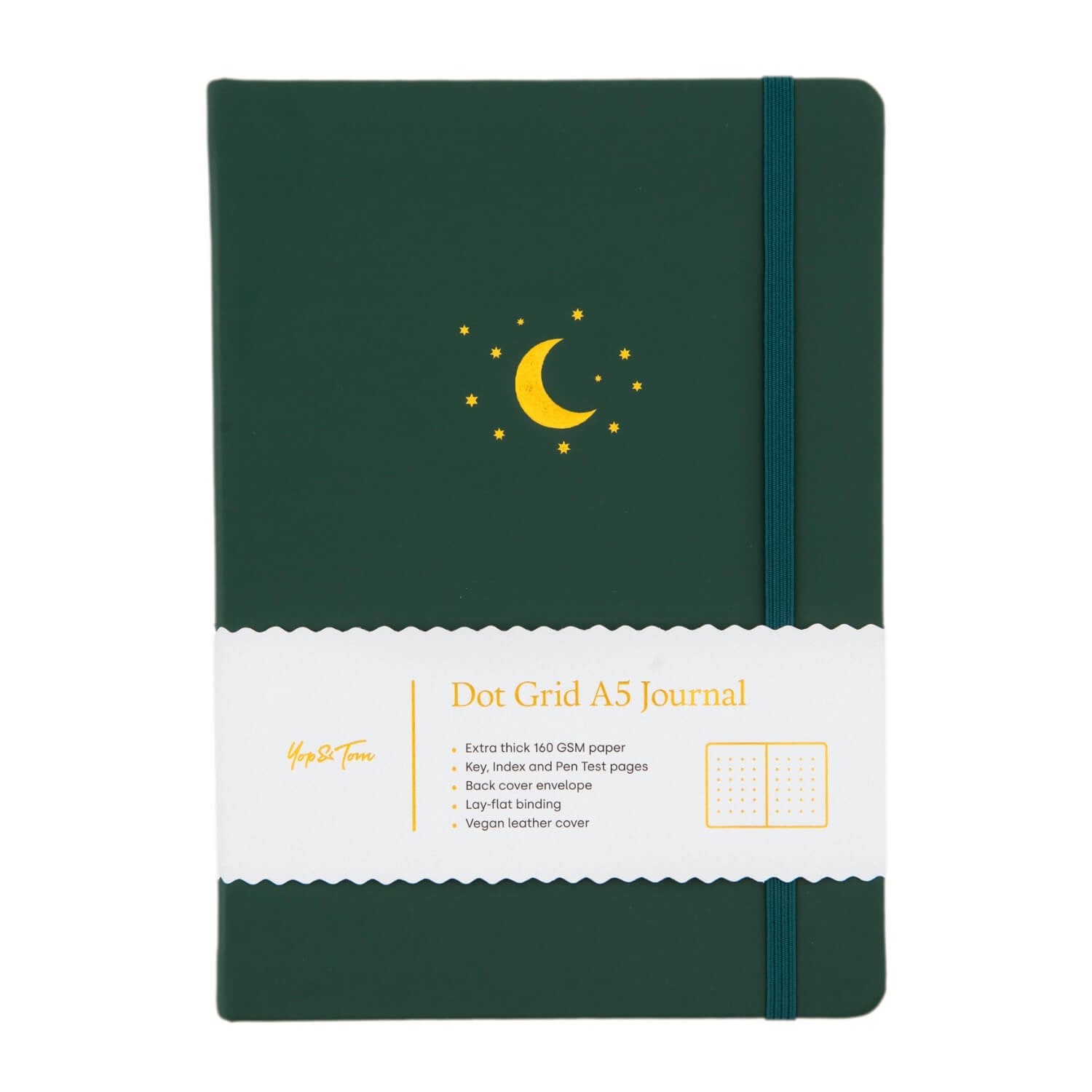 Yop & Tom - A5 Dot Grid Journal - Moon and Stars - Forest Green-Notitieboek-DutchMills