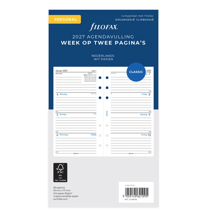 Filofax - Week op 2 Pagina's Agenda 2027 - Gelinieerd Wit - Personal Organiser Refill
