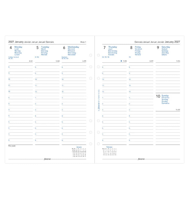Filofax - Week On Two Pages Diary 2027 With Appointments - Multilanguage - A5 Organiser Refill