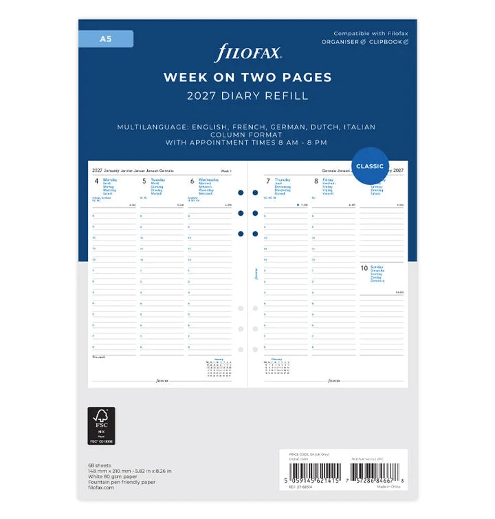 Filofax - Week On Two Pages Diary 2027 With Appointments - Multilanguage - A5 Organiser Refill