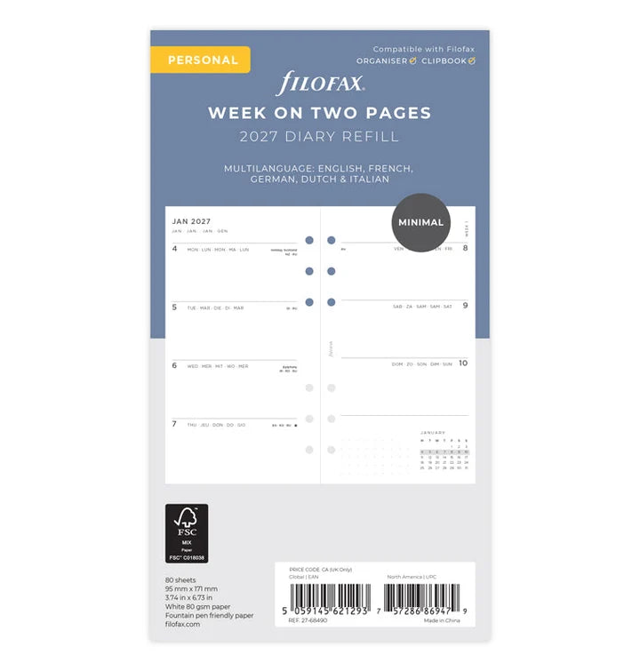 Filofax - Minimal Week on Two Pages 2027 Multilanguage - Personal Organiser Refill-Agenda-DutchMills