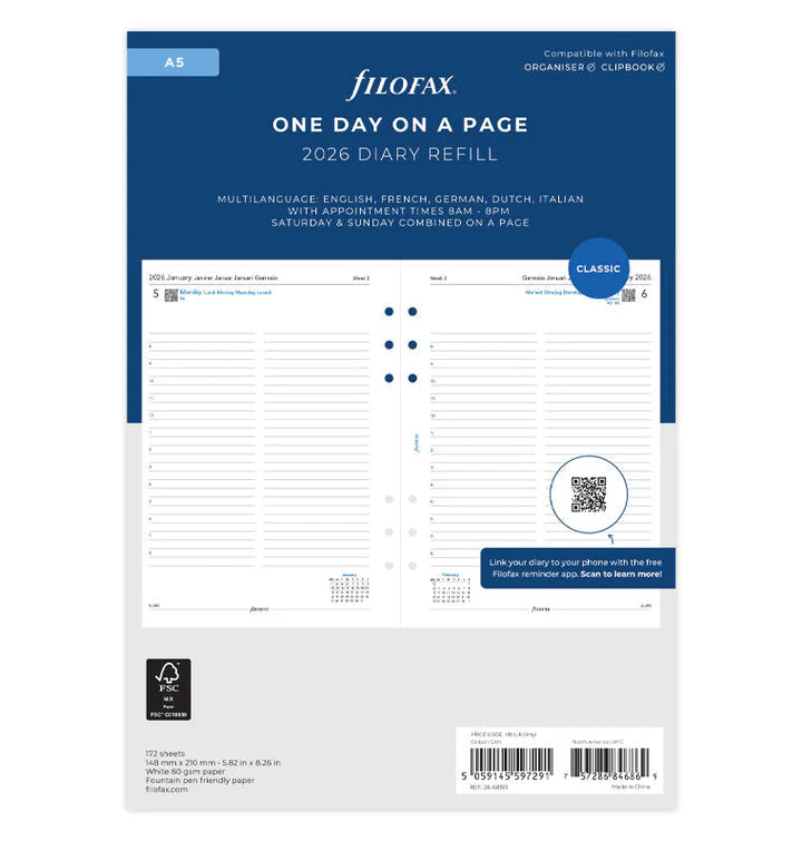 Filofax - One Day One Page Diary 2026 with Appointments - Multilanguage - A5 Organiser Refill-Agenda-DutchMills