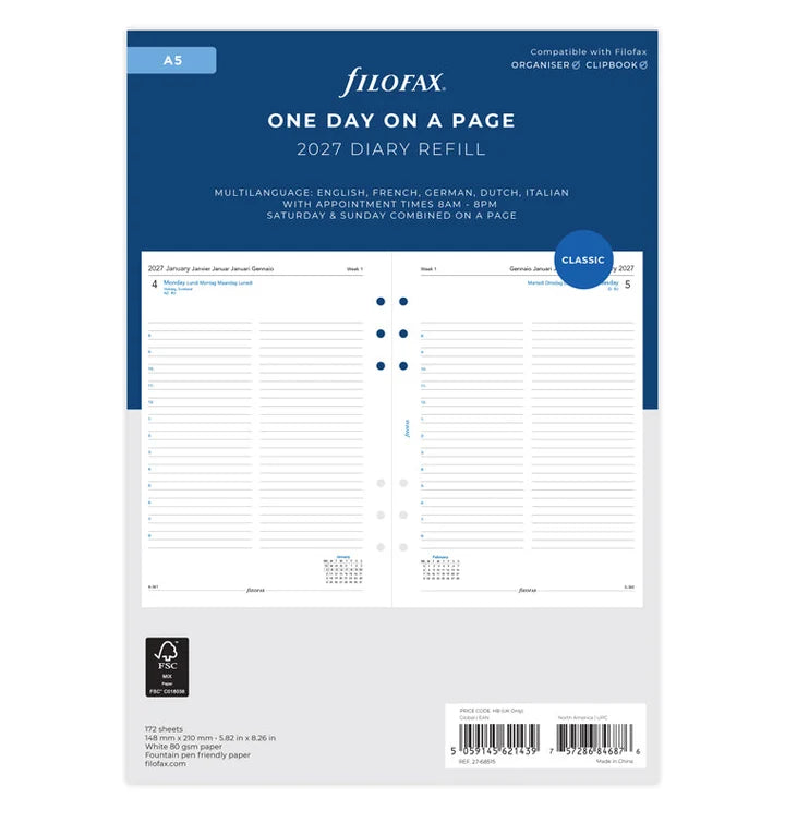 Filofax - One Day One Page Diary 2027 with Appointments - Multilanguage - A5 Organiser Refill-Agenda-DutchMills