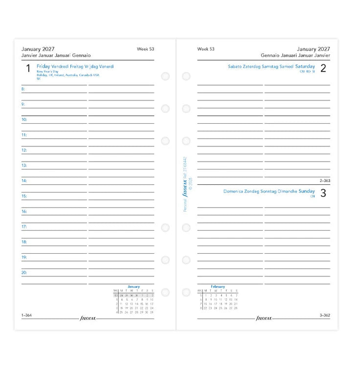 Filofax - One Day on a Page Diary 2027 Multilanguage - Personal Organiser Refill-Agenda-DutchMills