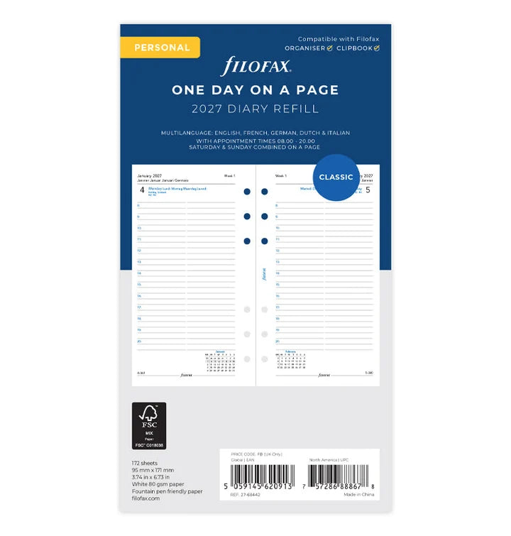 Filofax - One Day on a Page Diary 2027 Multilanguage - Personal Organiser Refill-Agenda-DutchMills