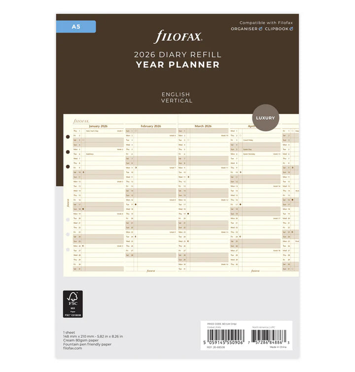 Filofax - Vertical Year Planner 2026 - Cotton Cream - English - A5 Organiser Refill-Agenda-DutchMills