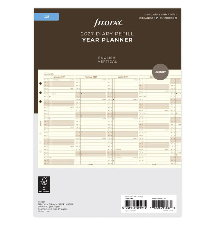 Filofax - Vertical Year Planner 2027 - Cotton Cream - English - A5 Organiser Refill-Agenda-DutchMills