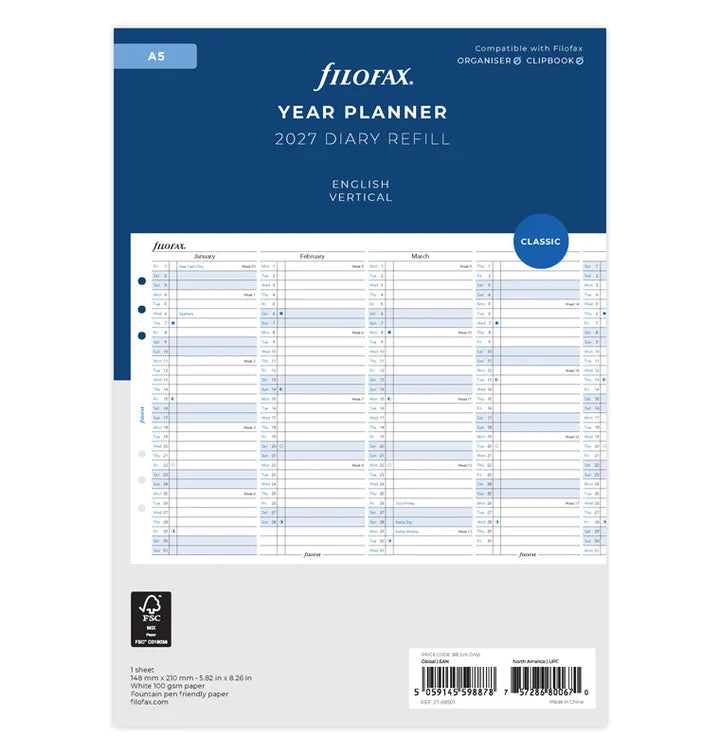 Filofax - Vertical year Planner 2027 - English - A5 Organiser Refill-Agenda-DutchMills