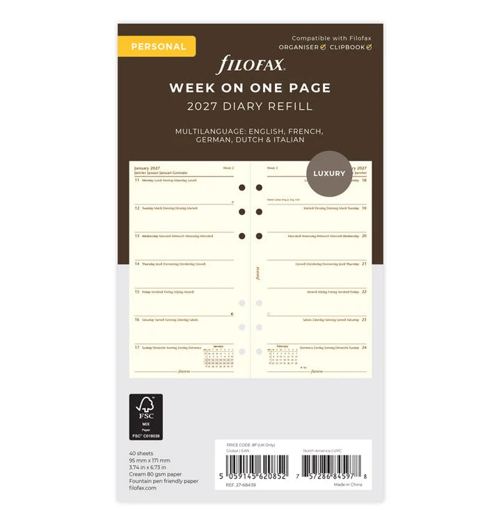 Filofax - Week On One Page Diary 2027 - Cotton Cream - Multilanguage - Personal Organiser Refill-Agenda-DutchMills