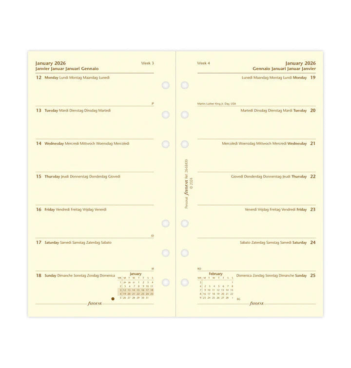 Filofax - Week On Two Pages Diary 2026 - Cotton Cream - Multilanguage - Personal Organiser Refill-Agenda-DutchMills