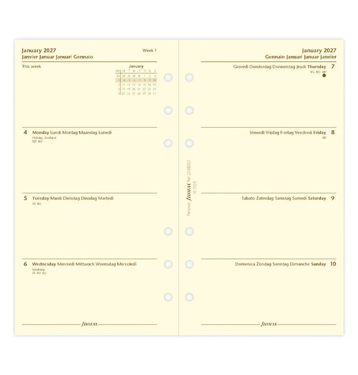 Filofax - Week On Two Pages Diary 2027 - Cotton Cream - Multilanguage - Personal Organiser Refill-Agenda-DutchMills