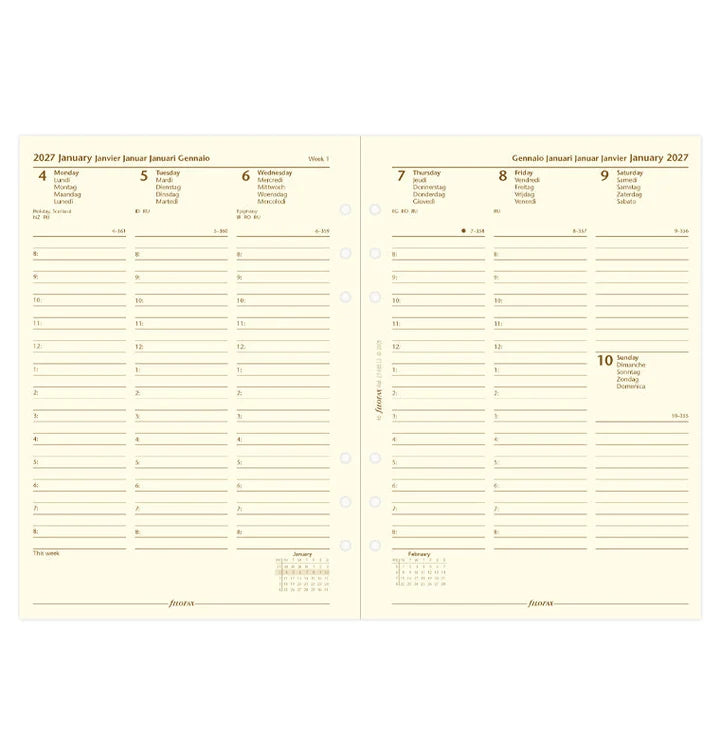 Filofax - Week On Two Pages Diary 2027 with Appointments - Cotton Cream - Multilanguage - A5 Organiser Refill-Agenda-DutchMills