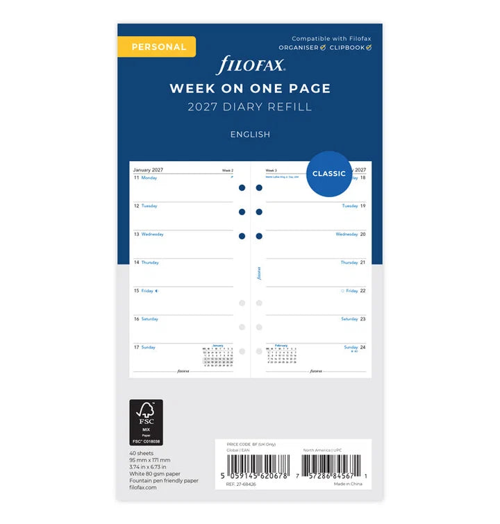 Filofax - Week on One Page Diary 2027 English - Personal Organiser Refill-Agenda-DutchMills