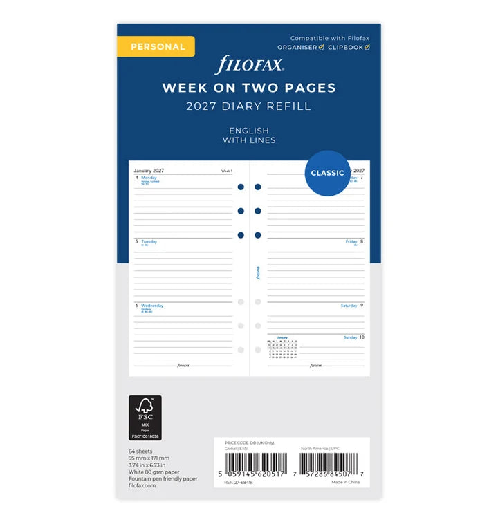 Filofax - Week on Two Pages Diary 2027 English with Lines - Personal Organiser Refill-Agenda-DutchMills