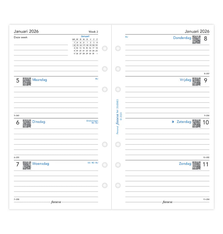 Filofax - Week op 2 Pagina's Agenda 2026 - Gelinieerd Wit - Personal Organiser Refill-Agenda-DutchMills