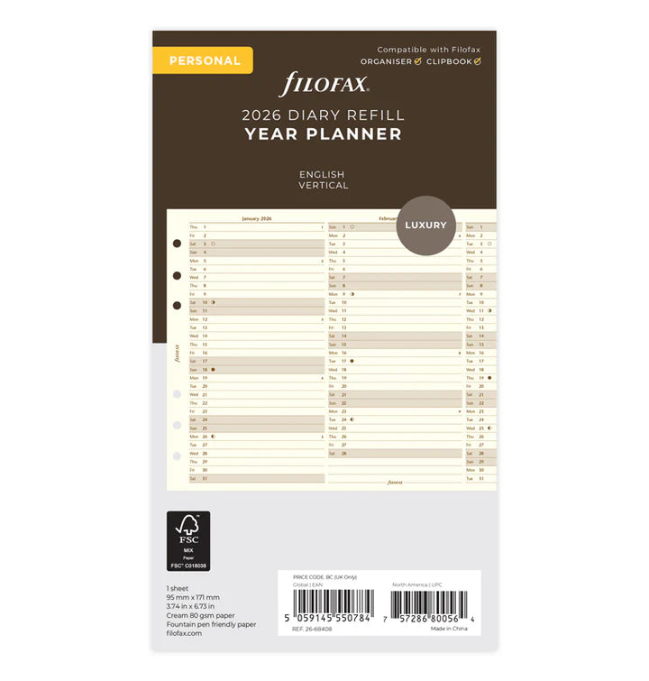 Filofax - Year Planner 2026 Vertical - Cotton Cream - Personal Organiser Refill-Agenda-DutchMills