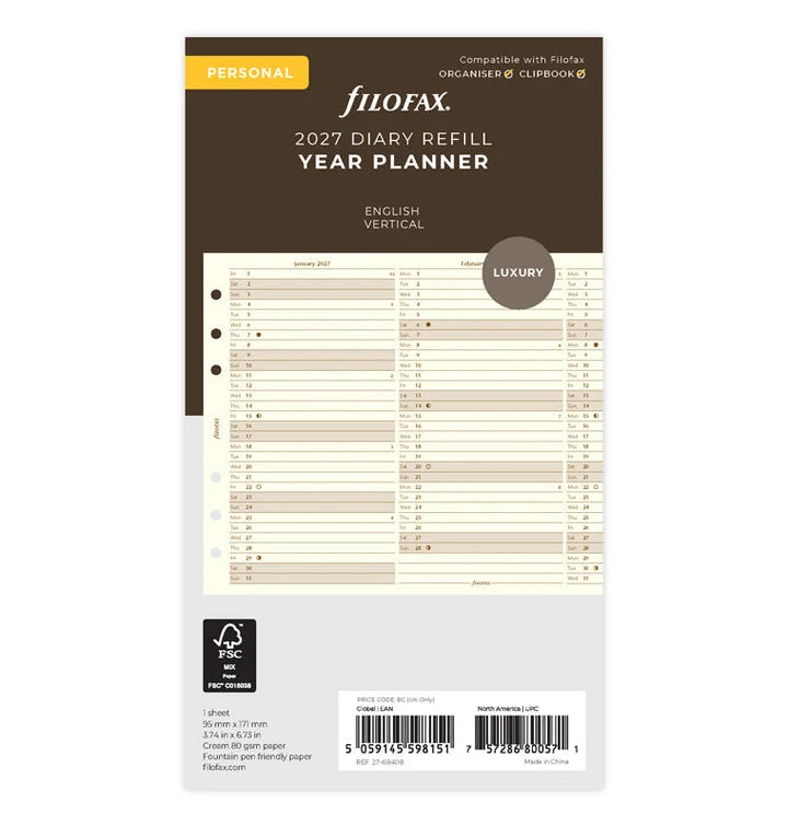 Filofax - Year Planner 2027 Vertical - Cotton Cream - Personal Organiser Refill-Agenda-DutchMills