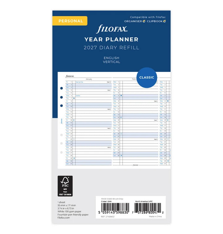Filofax - Year Planner 2027 Vertical - Personal Organiser Refill-Agenda-DutchMills