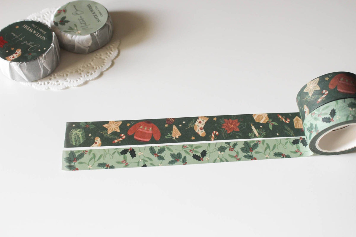 Joyful Home & Mistletoe Berries Washi Tape Set: Mistletoe Berries (Light Green Background)-DutchMills