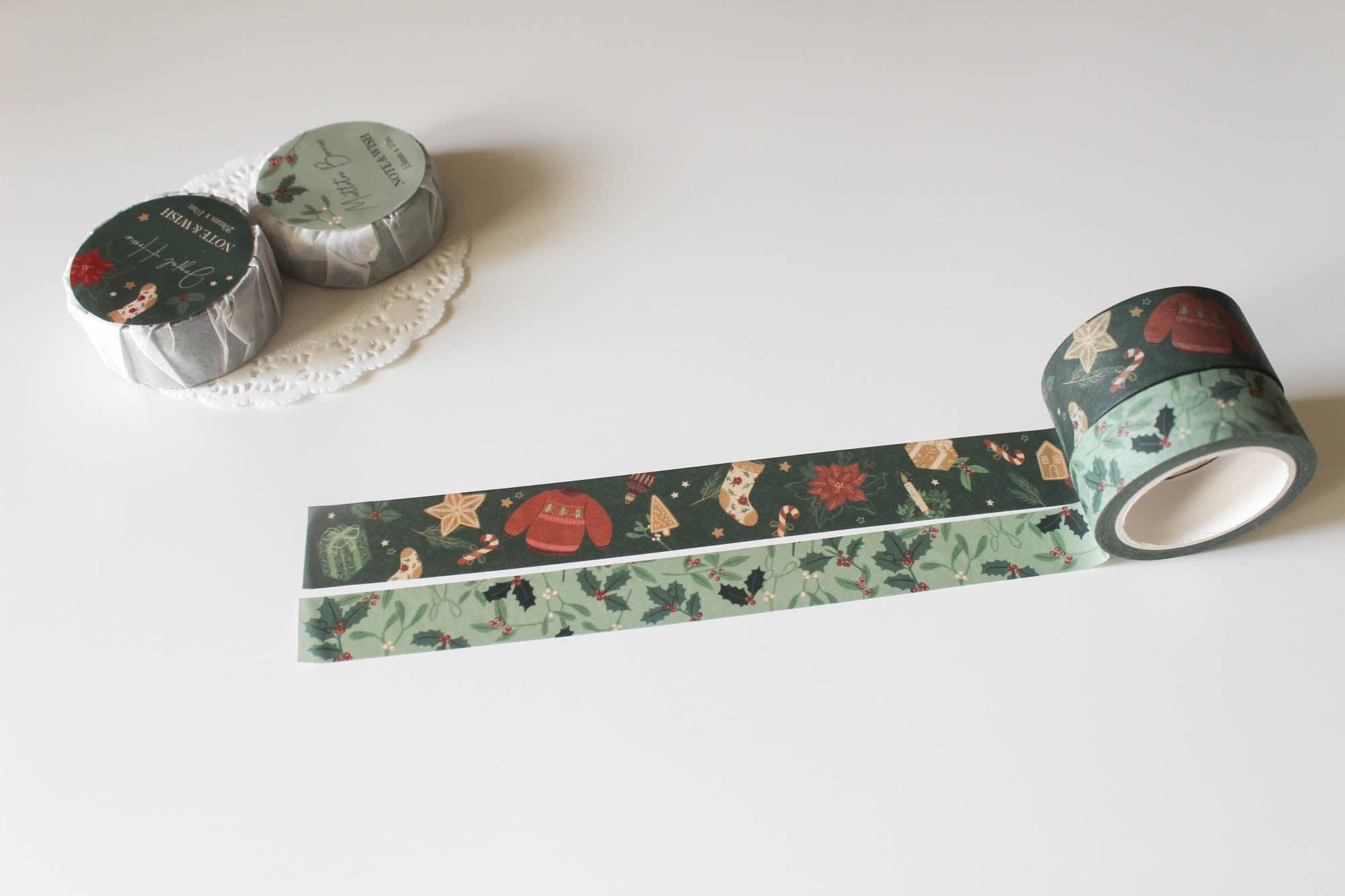 Joyful Home & Mistletoe Berries Washi Tape Set: Mistletoe Berries (Light Green Background)-DutchMills