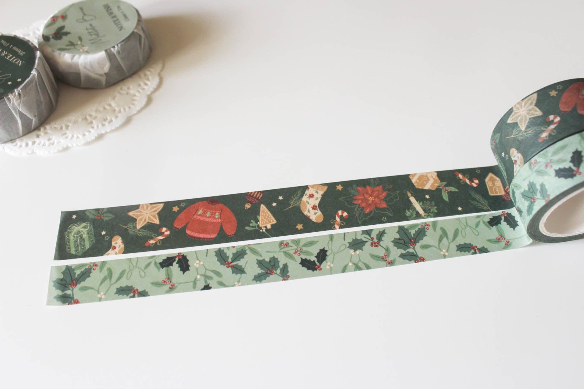Joyful Home & Mistletoe Berries Washi Tape Set: Mistletoe Berries (Light Green Background)-DutchMills