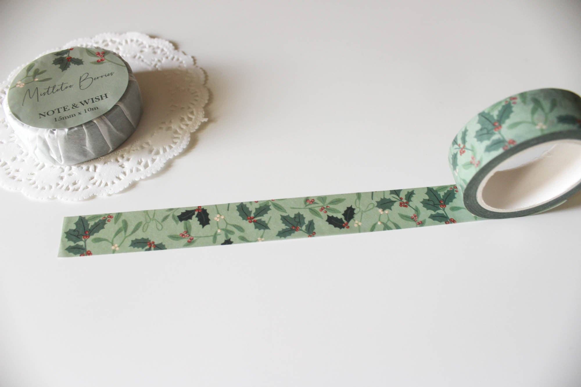 Joyful Home & Mistletoe Berries Washi Tape Set: Mistletoe Berries (Light Green Background)-DutchMills