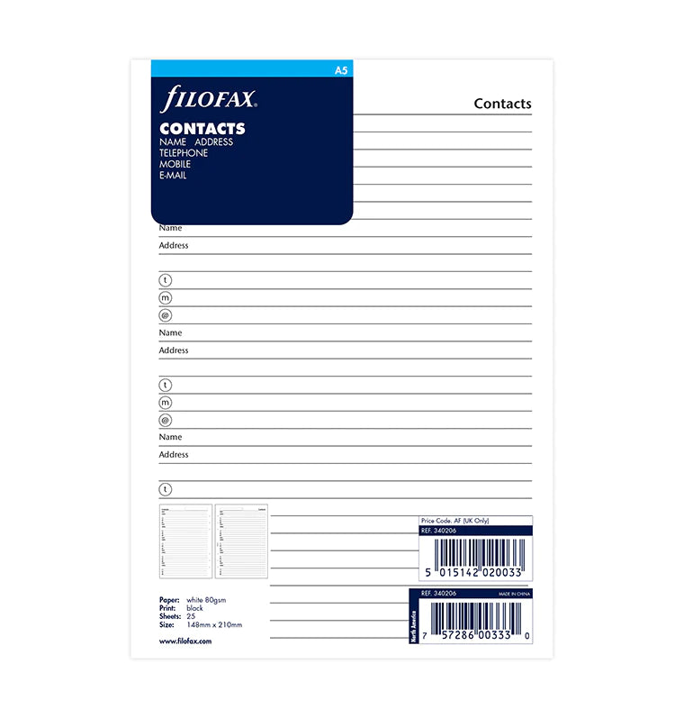Filofax - Contacts - A5 Organiser-Refill Organiser-DutchMills