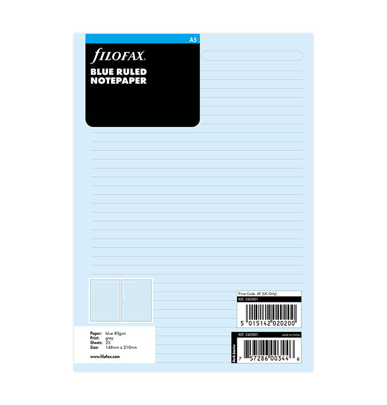 Filofax - Ruled Notepaper Blue - A5 Organiser Refill-Refill Organiser-DutchMills