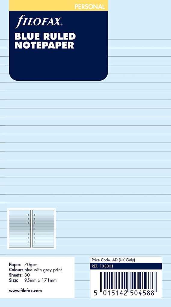 Filofax - Ruled Notepaper Blue - Personal Organiser Refill-Refill Organiser-DutchMills