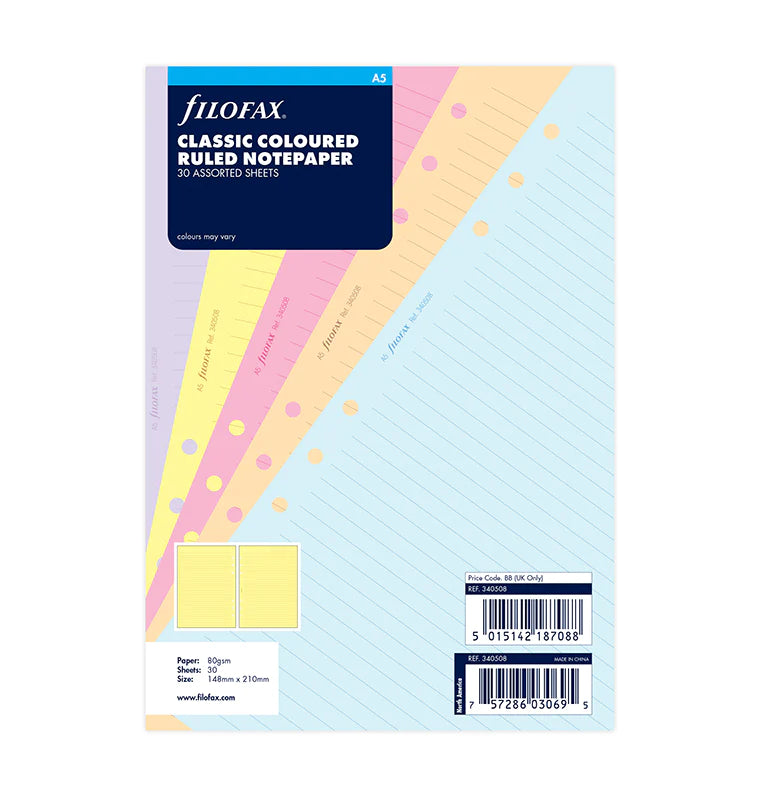 Filofax - Ruled Notepaper Assorted Colours - A5 Organiser Refill-Refill Organiser-DutchMills
